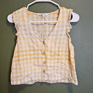 Madewell Yellow Gingham Ruffle Sleeve V Neck Button Front Crop Top Women Size 2